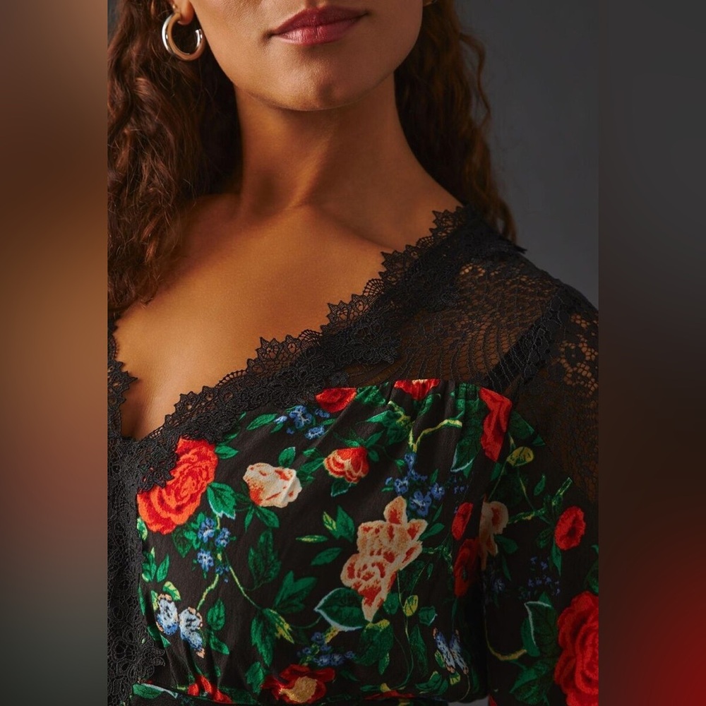 NWOT ANTHROPOLOGIE rose Lace V-Neck Mini long sleeve Dress - Picture 6 of 12